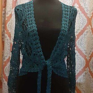 Vintage Zashi Crochet Teal Metallic Tie Long Sleeve Cardigan Size Large